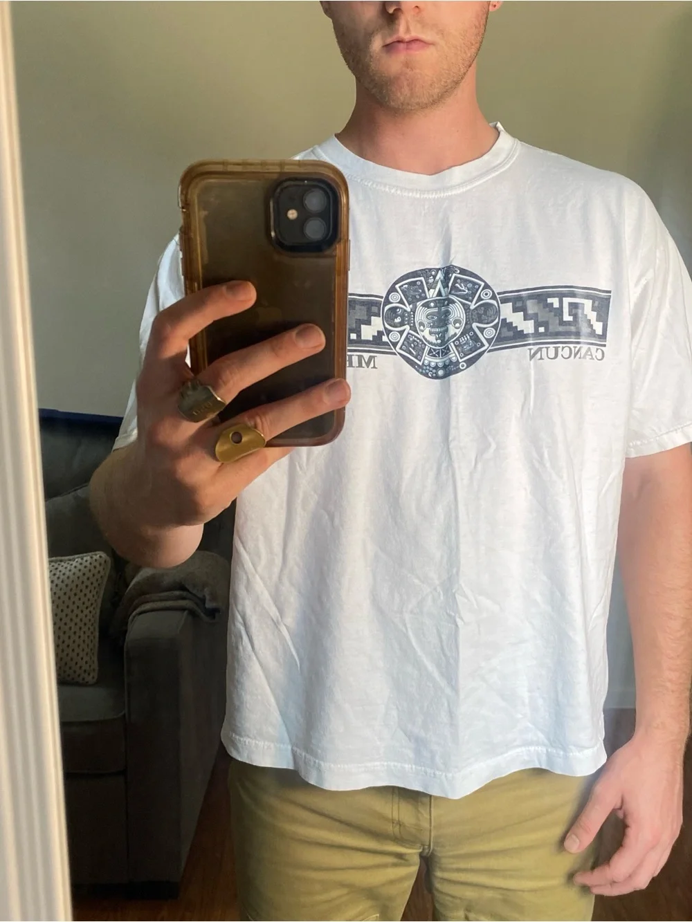 White Graphic Men’s T-Shirt with Navy Aztec Motif